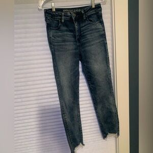 High rise cropped AE Denim with distress hem size 10